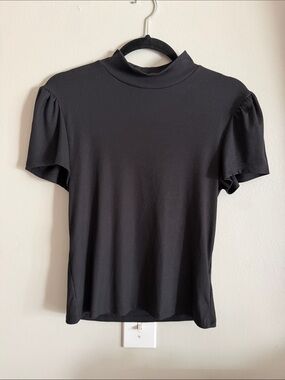 One Step Ahead Black Ribbed Mock Neck Short Sleeve Top